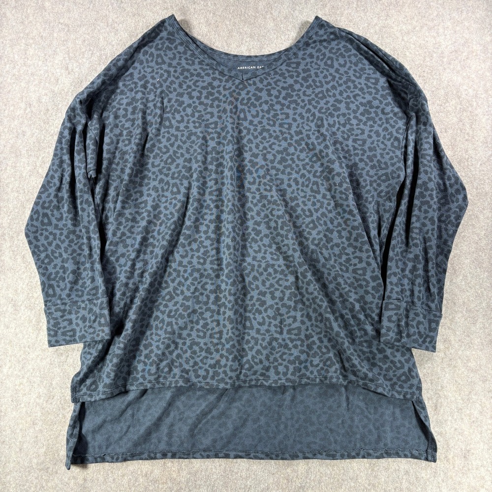 American Eagle Womens Top Leopard Print V Neck Dolman Sleeve High Low Gray Large